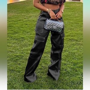 High Waisted Satin Cargo Pants